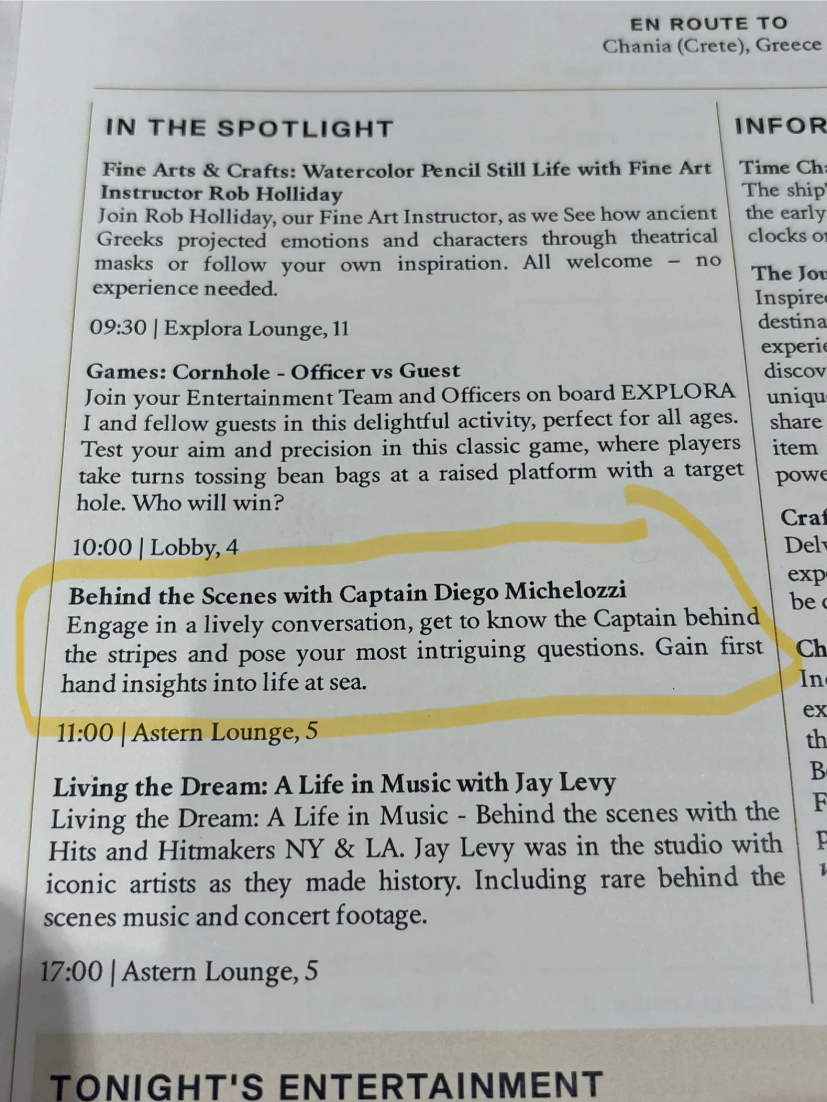 Explora I's printed daily program, listing the day's onboard activities and the evening's live music