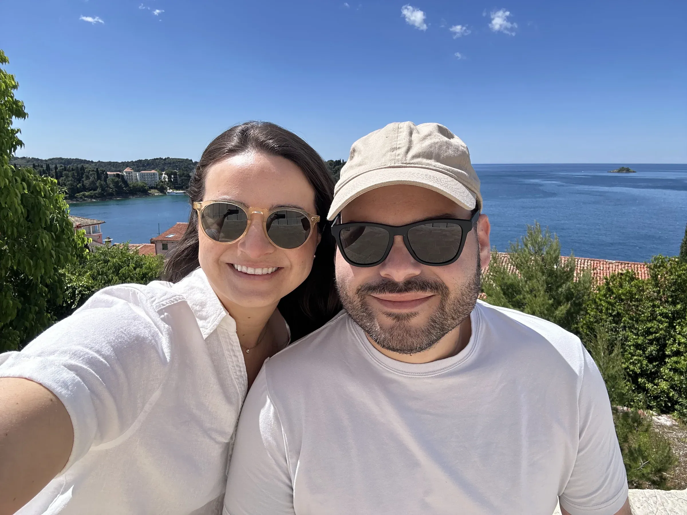 My wife and me above the harbor of Rovinj, Croatia, on a shore day